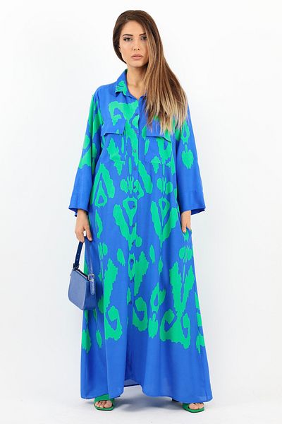 Ritnice Rochie de vară lungă, cu nasturi în față, cu guler cămașă, Larin, 100% viscoză, verde, albastru Prive