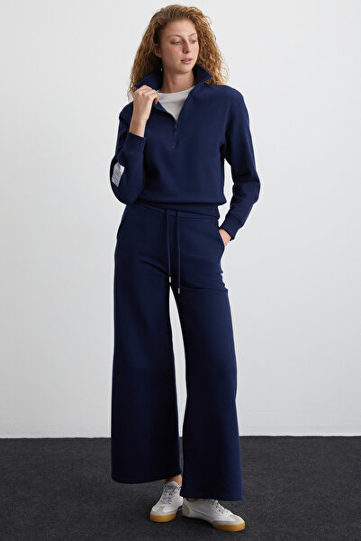 GRIMELANGE Жіночий м'який органічний бавовняний світшот Saılenıs на блискавці, темно-синій з сардоном всередині