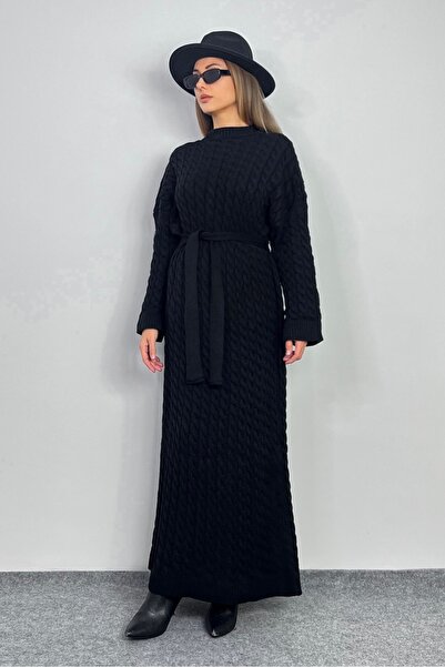 Ritnice Kadın Ashley Siyah Saç Örgülü Triko Uzun Elbise