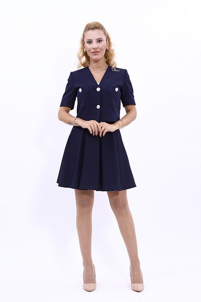 ÖNDER ÖZSOY Short Sleeve Collarless Mini Jacket & Flared Short Skirt Set-navy blue