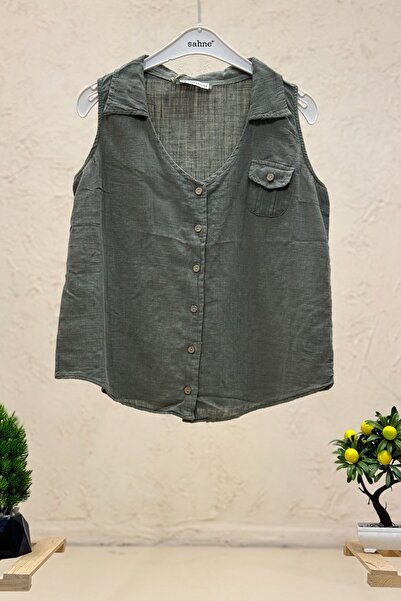 sahnemoda Wooden Buttoned Linen Vest - with Collar and Pockets