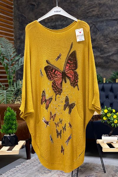 sahnemoda Bluză cu buzunar mercerizată cu imprimeu fluture
