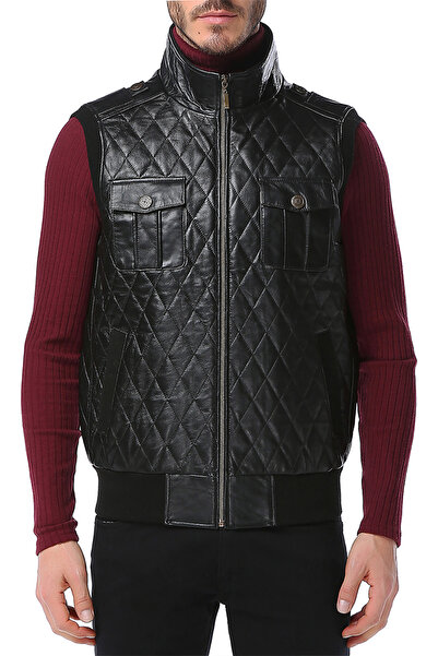 Dericlub Alicante Men's Quilted Zippered Genuine Leather Vest Black