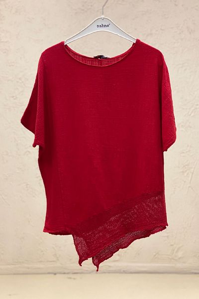 sahnemoda Short Sleeve Asymmetrical Mesh Linen Blouse