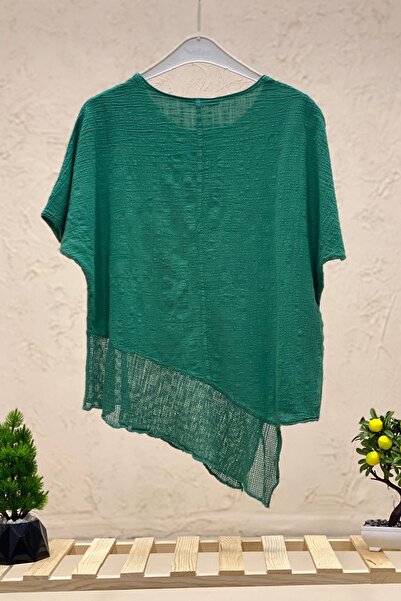 sahnemoda Κοντομάνικη Ασύμμετρη Μπλούζα από Διχτυωτό Λινό