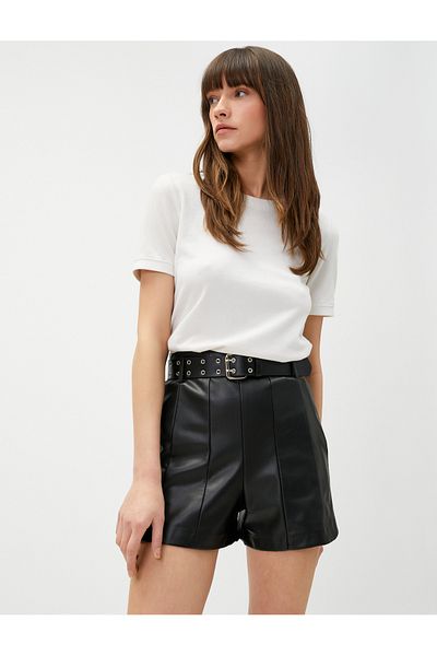 Koton Faux Leather Shorts with Belt and Stitching Detail