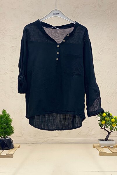 sahnemoda Bluză de in cu buzunar cu guler curbat și detaliu din plasă din spate