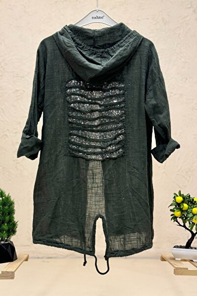 sahnemoda سترة من الكتان بغطاء للرأس ومزينة بالترتر