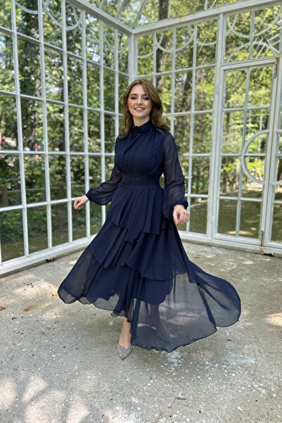 HELİS BUTİK Kat Kat Şifon Lacivert Elbise