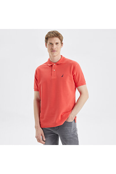 Nautica تي شيرت رجالي برتقالي كلاسيكي بأكمام قصيرة وياقة بولو