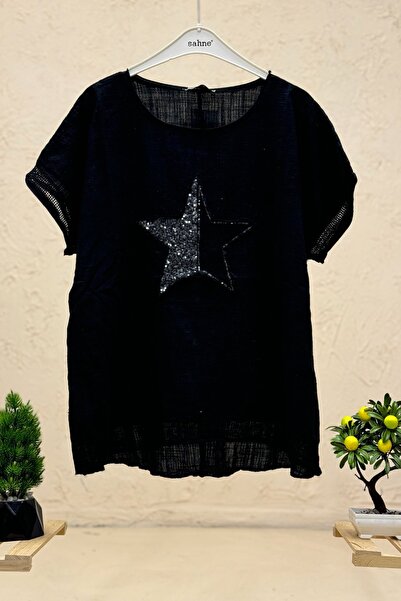 sahnemoda Yıldız Pullu Oversize Kısa Kol Salaş Bluz