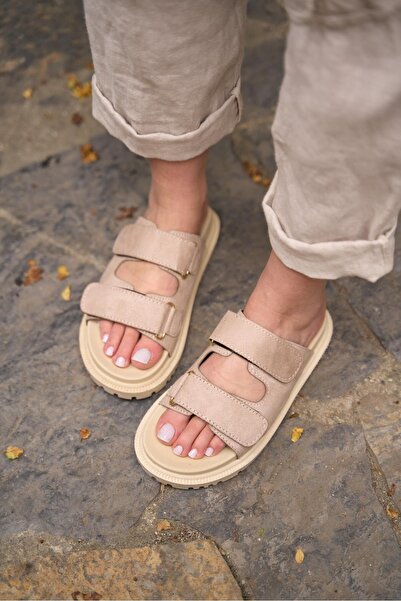 mytopuk Beige Suede Wilma Women's Slippers - Velcro Thick Sole