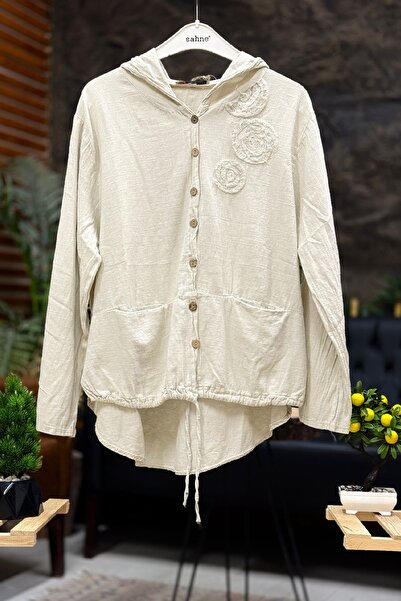 sahnemoda Nakış Aksesuarlı Kapşonlu Cepli Keten Gömlek