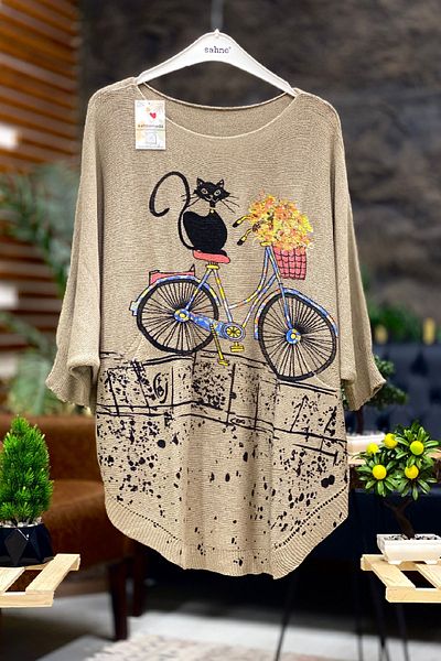 sahnemoda Bluză Mercerizată Liliac Imprimă Pisici Și Biciclete