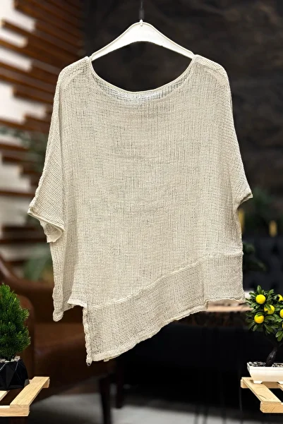 sahnemoda Asymmetrical Short Sleeve Detailed Blouse