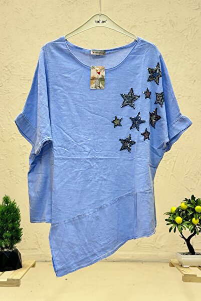 sahnemoda Bluză asimetrică din in - paiete stea, mânecă scurtă