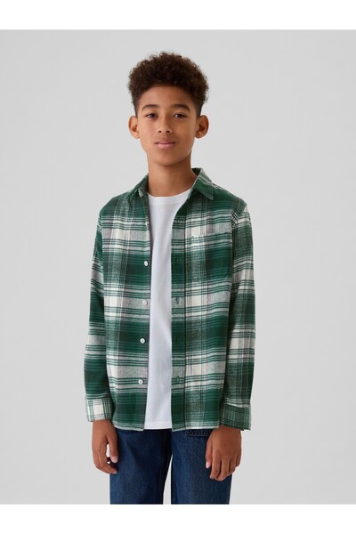 GAP Erkek Çocuk Yeşil %100 Organik Pamuk Ekose Desenli Flannel Gömlek