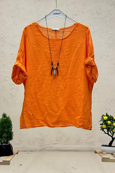 sahnemoda Kolyeli Kısa Kol İtalyan Keten Bluz