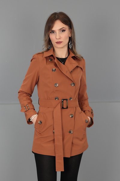 ÖNDER ÖZSOY Tan Colored Short Bondit Trench Coat