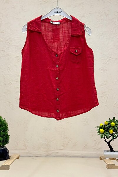 sahnemoda Wooden Buttoned Linen Vest - with Collar and Pockets