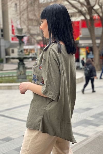 sahnemoda Asymmetrical Linen Blouse - Star Sequin, Short Sleeve