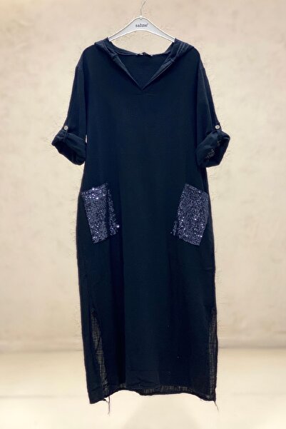 sahnemoda فستان طويل من الكتان مزين بالترتر وجيوب بغطاء للرأس