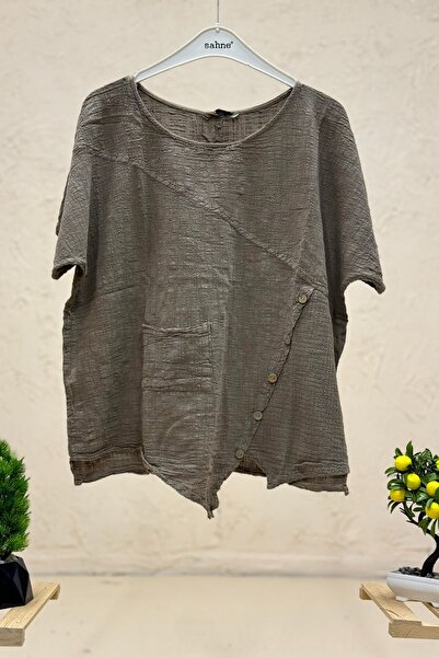 sahnemoda Bluză oversize cu mânecă scurtă cu un singur buzunar - nasturi încr...