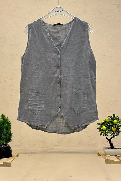 sahnemoda Linen V-Neck Vest - Buttoned Design
