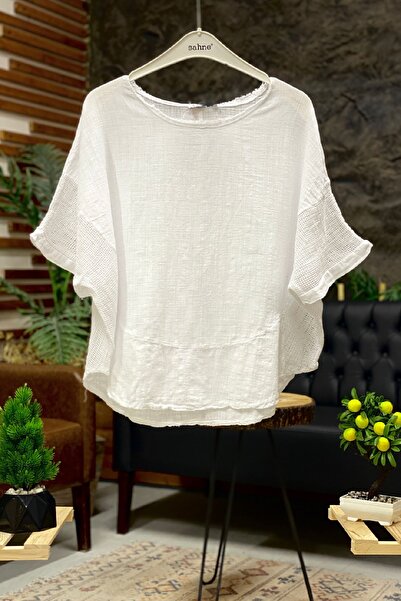 sahnemoda Οβάλ κομμένη μπλούζα από διχτυωτό λινό