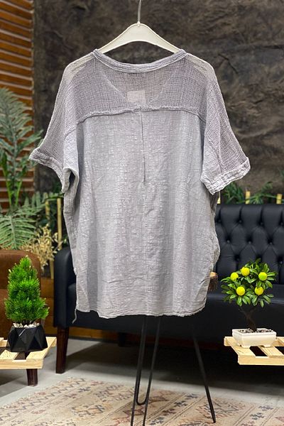 sahnemoda Judge Collar Shoulder Pocket Mesh Linen Blouse