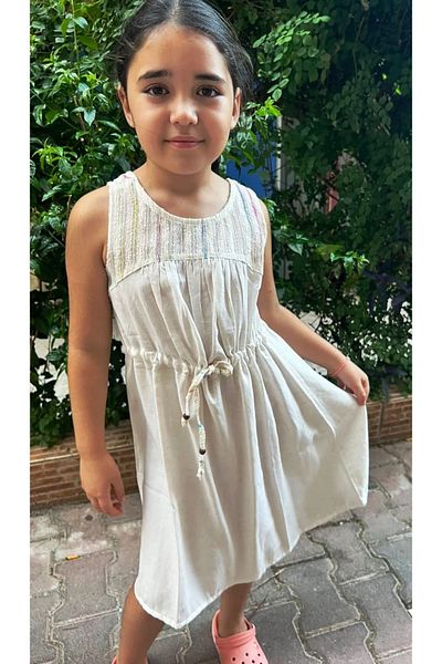 Çikoby Girl's Dress Striped Straps Ecru