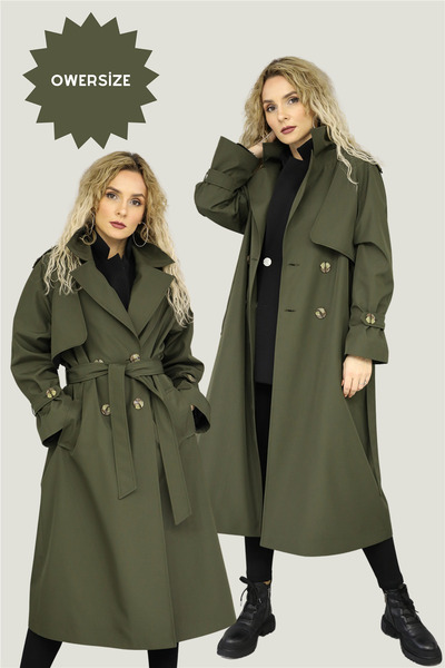 ÖNDER ÖZSOY Oversize Uzun Trenç-Haki