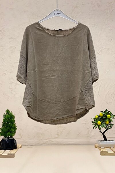 sahnemoda Οβάλ κομμένη μπλούζα από διχτυωτό λινό