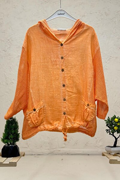 sahnemoda Linen Hooded and Side Mesh Garnished Cardigan