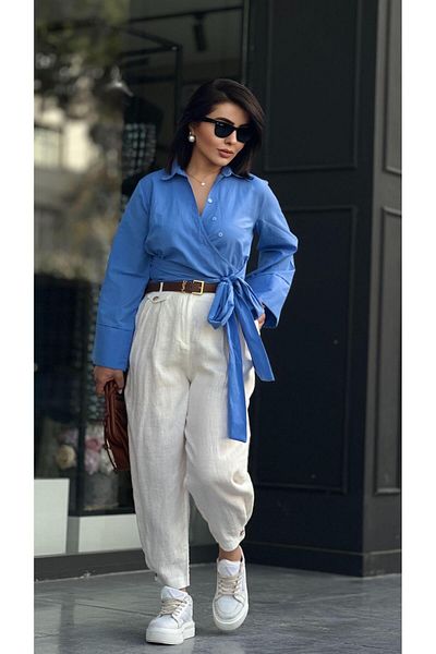 Oslove Ecru 100% Raw Linen Buttoned Trousers