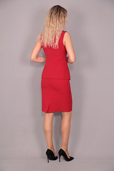 ÖNDER ÖZSOY Uzun Klasik Yelek & Kalem Etek Takım-Kırmızı