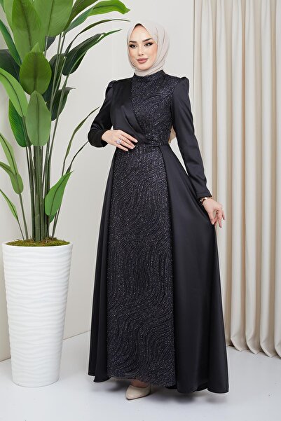 Olcay Βραδινό φόρεμα από σατέν χιτζάμπ με παγιέτες και λεπτομέρεια γκλίτερ στο μπροστινό μέρος και φούστα κάπα ΜΑΥΡΟ 1642