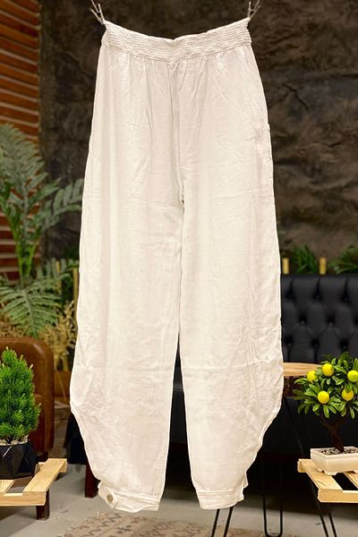 sahnemoda Linen Shalwar Trousers - Cuffed Button and Mesh