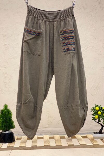 sahnemoda Paça V Kesim Cepleri Nakışlı Keten Pantolon
