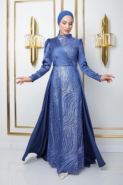 Olcay Hijab-Abendkleid mit Satin-Cape-Rock – Pailletten- und Glitzerdetail, BLAU 1642