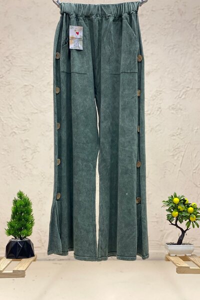 sahnemoda Pantaloni de tricotaj spalat cu picioare late, cu nasturi din lemn pe laterale