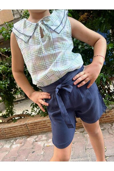 Çikoby 3-8 Years Old Girl's Double Suit Checked Sleeveless Shirt + Indigo Shorts