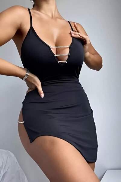 HayalGecesi Taşlı Siyah Fantezi Mini Elbise