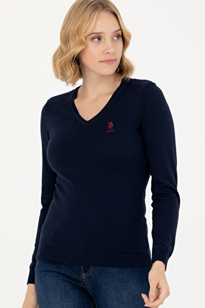 U.S. Polo Assn. Pulover de bază pentru femei, albastru bleumarin, cu decolteu...