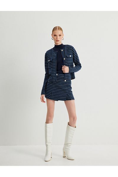 Koton Tweed Cardigan - Round Neck, Covered Double Pocket Detail and Button