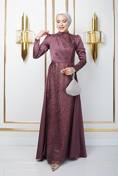 Olcay Μπροστινή σφραγίδα και γκλίτερ Λεπτομερής μανδύα φούστα σατέν βραδινό φόρεμα Hijab ROSE DRY 1642