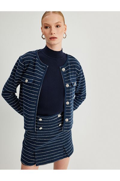 Koton Tweed Cardigan - Round Neck, Covered Double Pocket Detail and Button