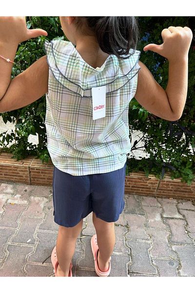 Çikoby 3-8 Years Old Girl's Double Suit Checked Sleeveless Shirt + Indigo Shorts