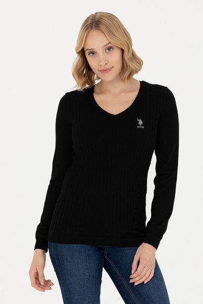 U.S. Polo Assn. Pulover de bază negru cu decolteu în V de damă 50269017 -VR046