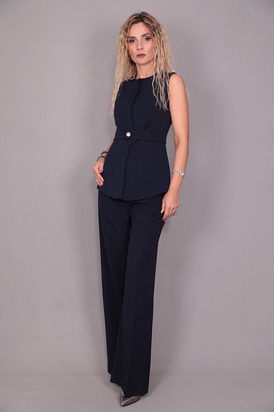ÖNDER ÖZSOY Belted Vest & High Waist Wide Leg Trousers Set-Navy Blue